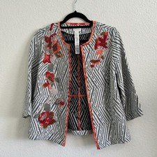 Chico  s Artisan Applique Floral Embroidered 3/4-Sleeve Open Front Jacket Sz 0 Sm