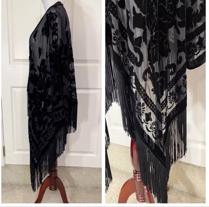 🦄🧥🖤Chaqueta Boston Propia Negra Terciopelo Burnout Flecos Frente Abierto Manga Campana Foto 4 de 4