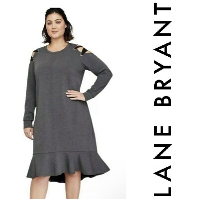 Lane Bryant Lace Up Cold Shoulder Swing Dress Ruffle Hem Gray 14/16