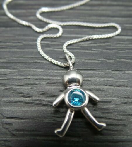 New Old Stock Blue Stone Child Pendant Box Chain Link Necklace 16 inches - Afbeelding 1 van 7
