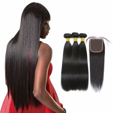 Unprocessed Straight Virgin Human Hair 3 Bundles w/4 4 Free Part Lace Closure