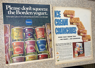 2 LOT Vintage 1960s Print ADS Borden Yogurt Swiss Rice Crispy Treats Ice Cream
