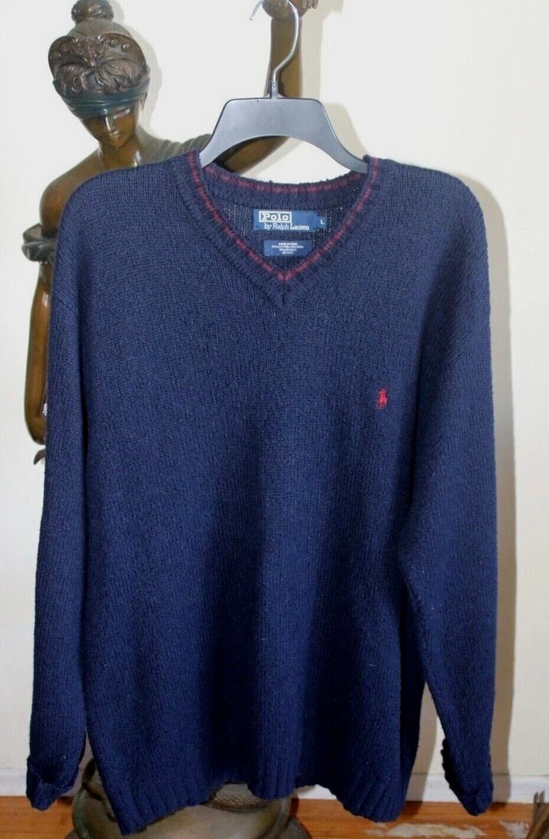 POLO RALPH LAUREN V-Neck Sweater L NAVY BLUE Red Horse Peru Alpaca Cotton Wool