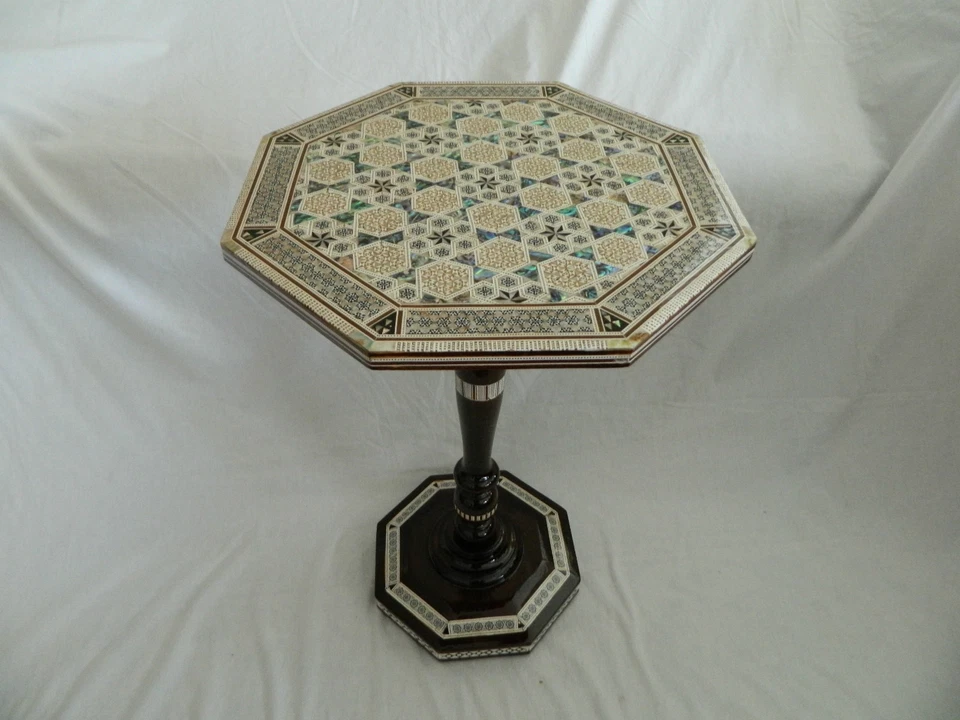 1 Egyptian Inlaid Mother Pearl Paua Wood Table Octagon 17.25" Diameter X 24"High - Image 3 of 4