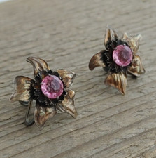 Vintage Sterling Silver Floral Screw Back Earrings Pink Faceted Centers Flowers