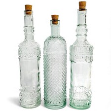 Set Of 3 Full Sized Decorative Corked Clear Glass Bottles 13" Raised Design