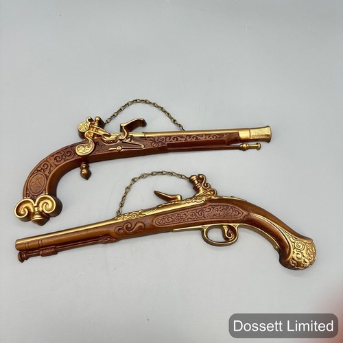 Vintage Gold Flintlock Pistol Wall Decor Set 2 Retro Plastic Novelty Hanging