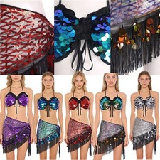 Womens Set Costume Outfits Waist Dancewear Sequin Shiny Hip Wrap Dance Halter