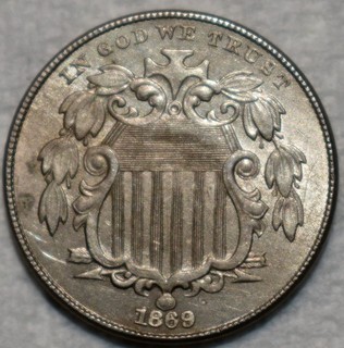 Uncirculated 1869/1869 RPD Shield Nickel Fully Lustrous Dramatic Variety.