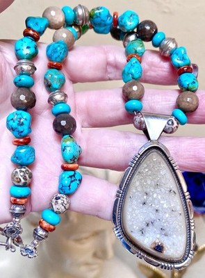 WONDERFUL Native American Navajo Sterling Silver Turquoise, Druzy, Etc. Necklace