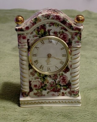 Vintage Clock Rose Garden Mantel Dresser Chintz Floral Pink Porcelain Victorian