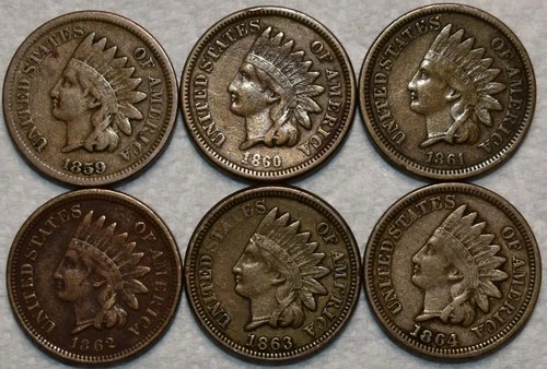 6x VF-XF Copper-Nickel Indian Head Cent, 1859, 1860, 1861, 1862, 1863, & 1864.