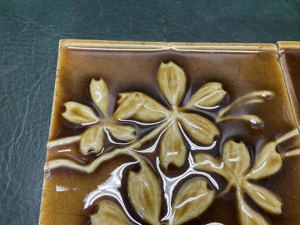 2 Antique Trent Tile Art Pottery Tiles Art Nouveau Floral Mantel Fire Place - Image 3 of 4