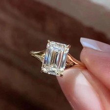 3CT Emerald-Cut VVS1 Moissanite Solitaire Engagement Ring 14K Yellow Plated