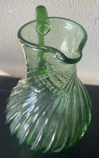 Vintage Hand Blown Large Green Glass Pitcher Ribbed 10" H Mid Century Modern