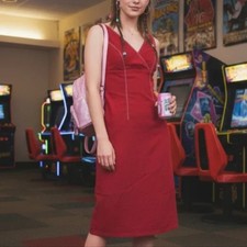 90s Y2k Express Stretch Crossover V Neck Knee Length Red Dress Sz 5/6 Side slits