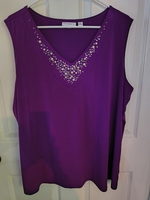 Susan Graver Sleeveless Top Size 2X P2P 25 LENGTH 27.5 Purple Rhinestones pretty