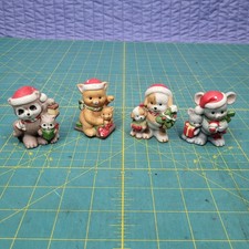VTG 4 Piece Homco Bisque Ceramic Christmas Raccoon Dog Cat Mouse #5180 No Box
