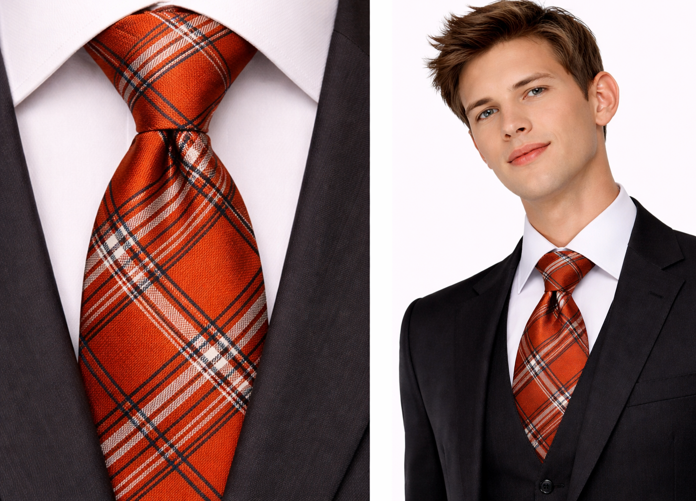 Scottish Tartan Men's Tie Plaid Grey Checked  Stripe Orange Brown Silver Silk UK