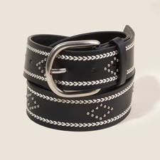 NEW Western Heart Pattern Studded Boho Vegan Leather Belt Black