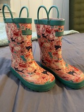 EUC kids rain boots 11 Outdoor Master pink w multicolor cats butterflies pull-on