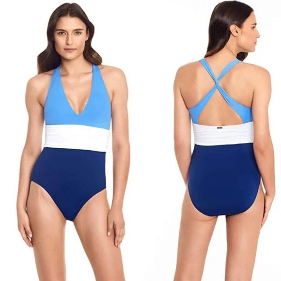 LAUREN Ralph Lauren Blue Color-Block Halter One-Piece Swimsuit