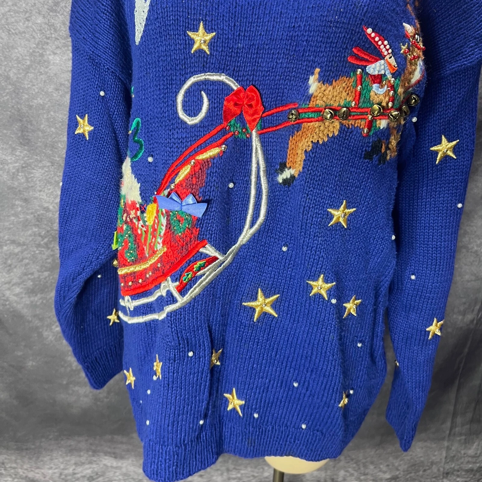 VTG Marisa Christina Ugly Christmas Sweater Womens L Blue Santa Sleigh Rudolph