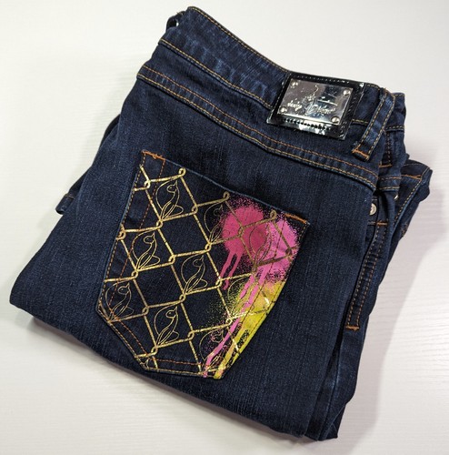 Baby Phat Denim Capris Womens Size 16 Dark Wash Paint Splatter Button Leg