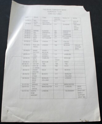 The Devin Townsend Band Tour Itinerary European Tour June/July 2001