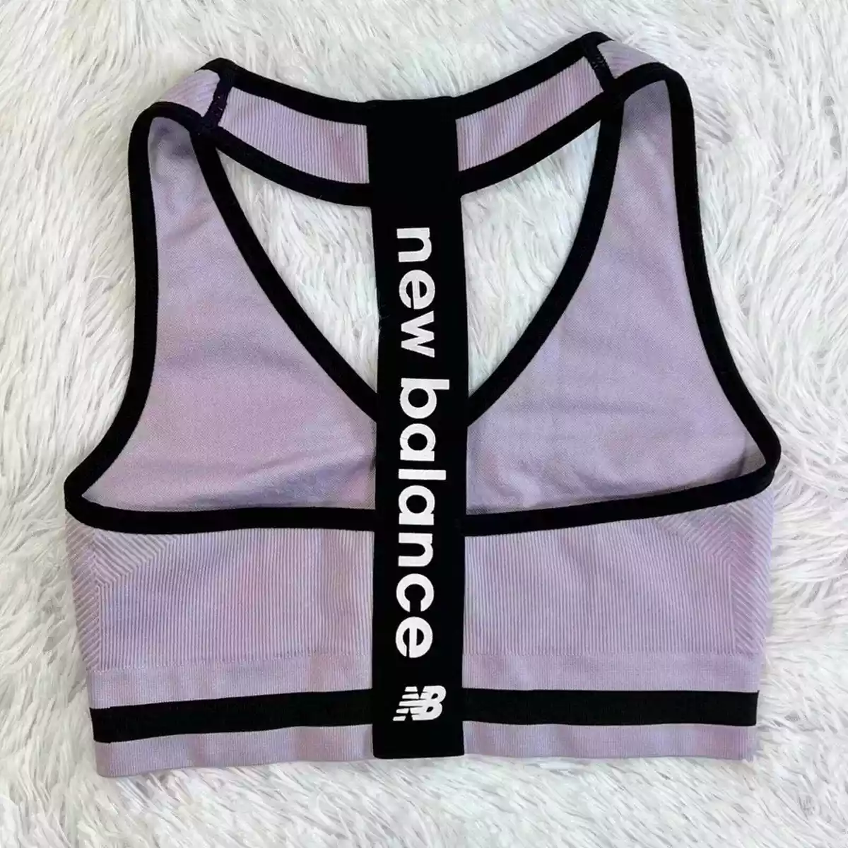 New Balance Purple Ribbed Black Trim Racerback Sports Bra White Logo Small