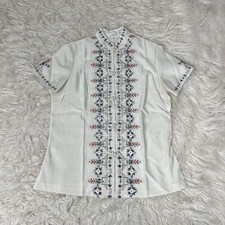 Vintage 70s White Floral Hand Embroidered Silk Ladies Blouse Button Front Small