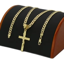 Mens 18k Gold Plated JESUS CROSS Hip-Hop Pendant 6mm Cuban Chain Necklace (S-4)