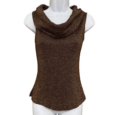 Vintage Y2K La Belle Gold Lurex Cowl Neck Sleeveless Knit Top Made in USA Size L