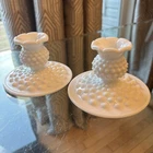 Fenton Pair of White Vintage Milk Glass Hobnail Candle Holders 3” Tall