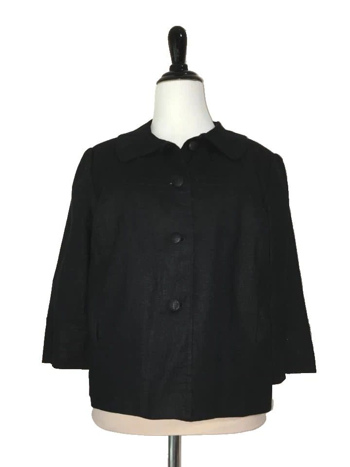 Chaqueta Blazer Cato Lino Mujer 12 M L Negra Columpio Recortada Manga 3/4 Retro Foto 2 de 4