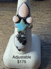 Sterling Silver Star ring adjustable Turquoise, Pink Conch and White Buffalo