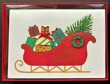 BOX Of 8 Papyrus 3D Handmade Jeweled Red Sleigh Gold Foil Christmas Cards
