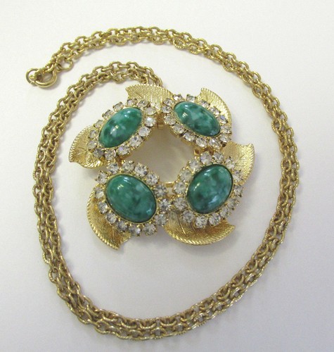 VINTAGE ANHÄNGER & 24" KETTE GOLD METALL BLÄTTER STRASS POLIERTE STEINE GRÜN - Bild 6 von 12