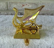 Vintage Brass Sleigh Stocking Holder  Hanger Shiny Mantel Holiday