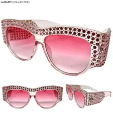 Oversize Classy Elegant Modern SUNGLASSES Big Thick Pink Frame Bling Rhinestones