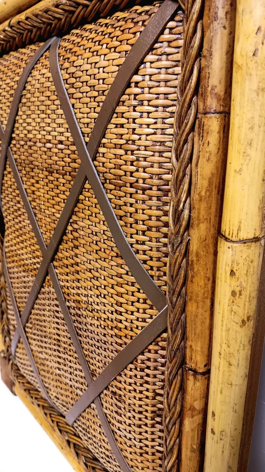 French Memory Board Natural Bamboo Wicker Leather Straps 20"×16" Vtg Boho - Image 2 of 4