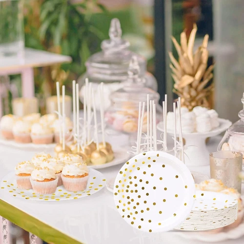 White and Gold Party Supplies, Gold Dot Paper Dessert Plates (50-Count) - Bild 8 von 8