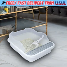 Semi Open Cat Litter Box with Scooper White & Gray Cat Ear Design Litter Tray