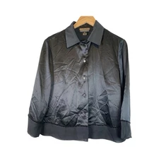 Finity Naturals Black Silk Vintage Button Up Velvet Trim Blouse Top Women’s 12