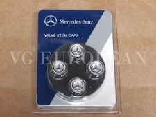 Mercedes-Benz Genuine Tire Valve Steam Cap Set, Black Star on Silver Caps OEM OE