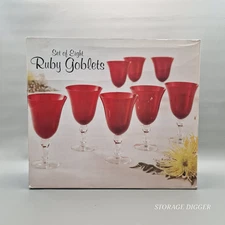 VTG NEW Set of 8 Home Essentials & Beyond Handcrafted Ruby & Clear Goblets 14 Oz