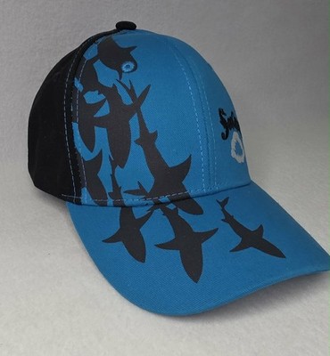 SeaQuest Aquarium Snapback Cap Wrap Around Shark Silhouettes Blue Embroidered