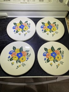 Set Of 4 Vintage M. Kamenstein Floral Metal Stovetop Burner Covers