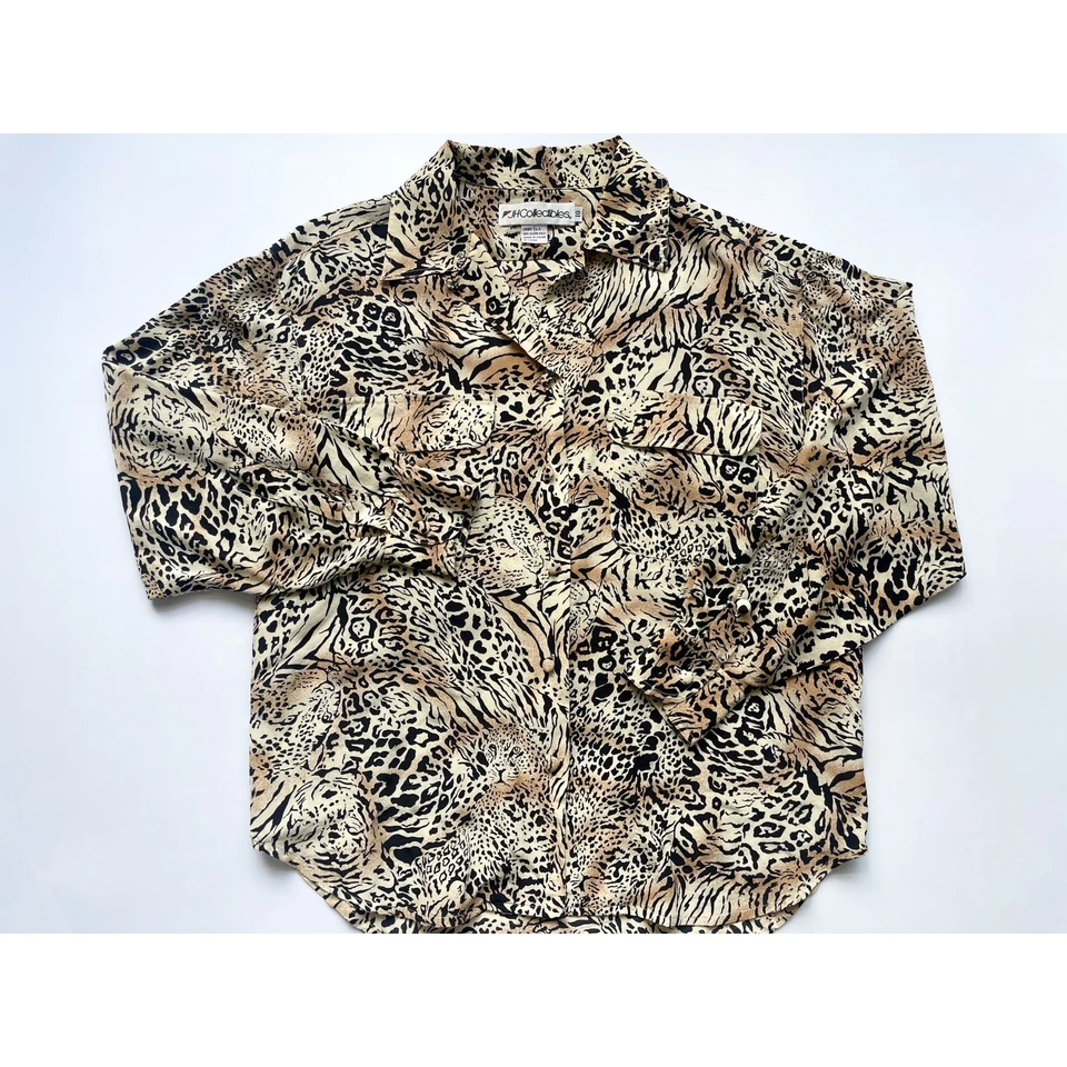 Blusa vintage manga larga seda leopardo cuello abotonada talla 10 