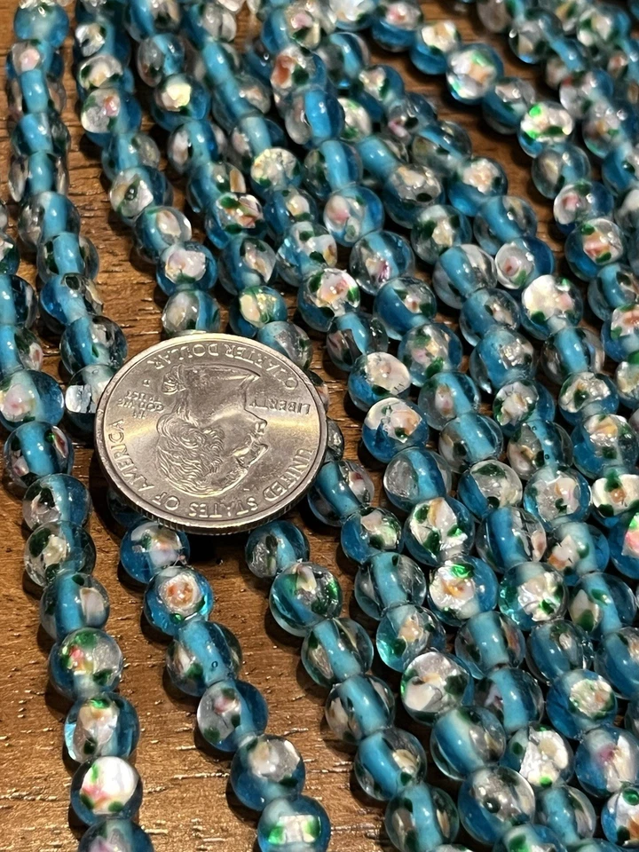 Vintage Lampwork Beads 6in  Strand Turquoise Foil 1940s  Flower Beads 6mm - Image 3 of 4